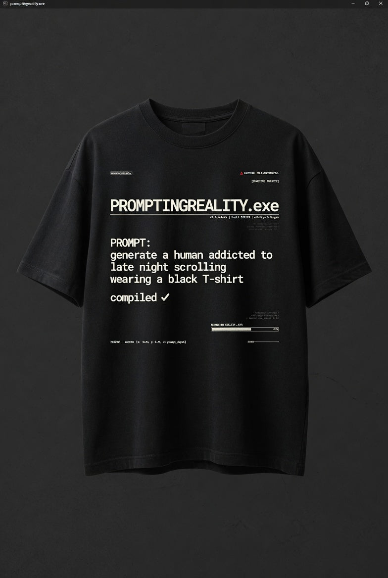 PromptingReality.exe – Late Night Scrolling – Black Graphic T-Shirt