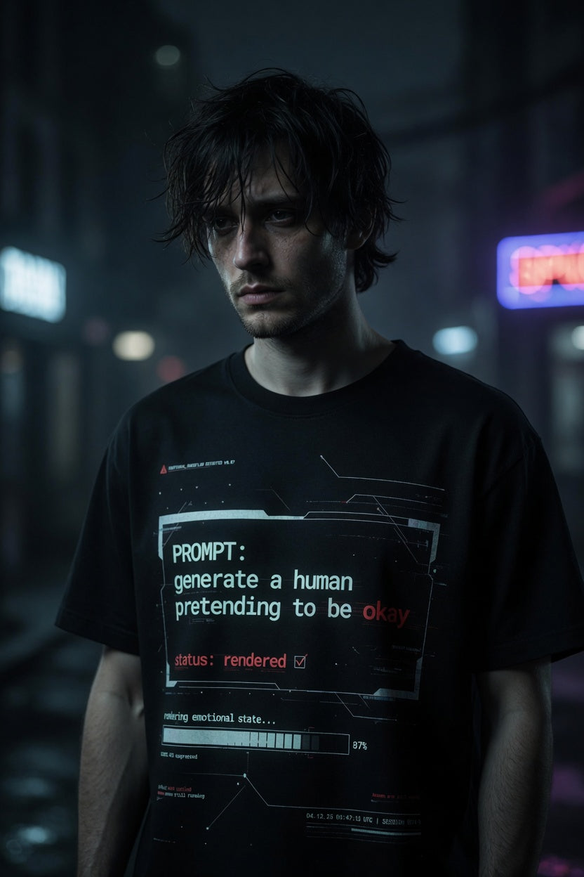 PromptingReality.exe — “Pretending To Be Okay” Black Graphic T-Shirt