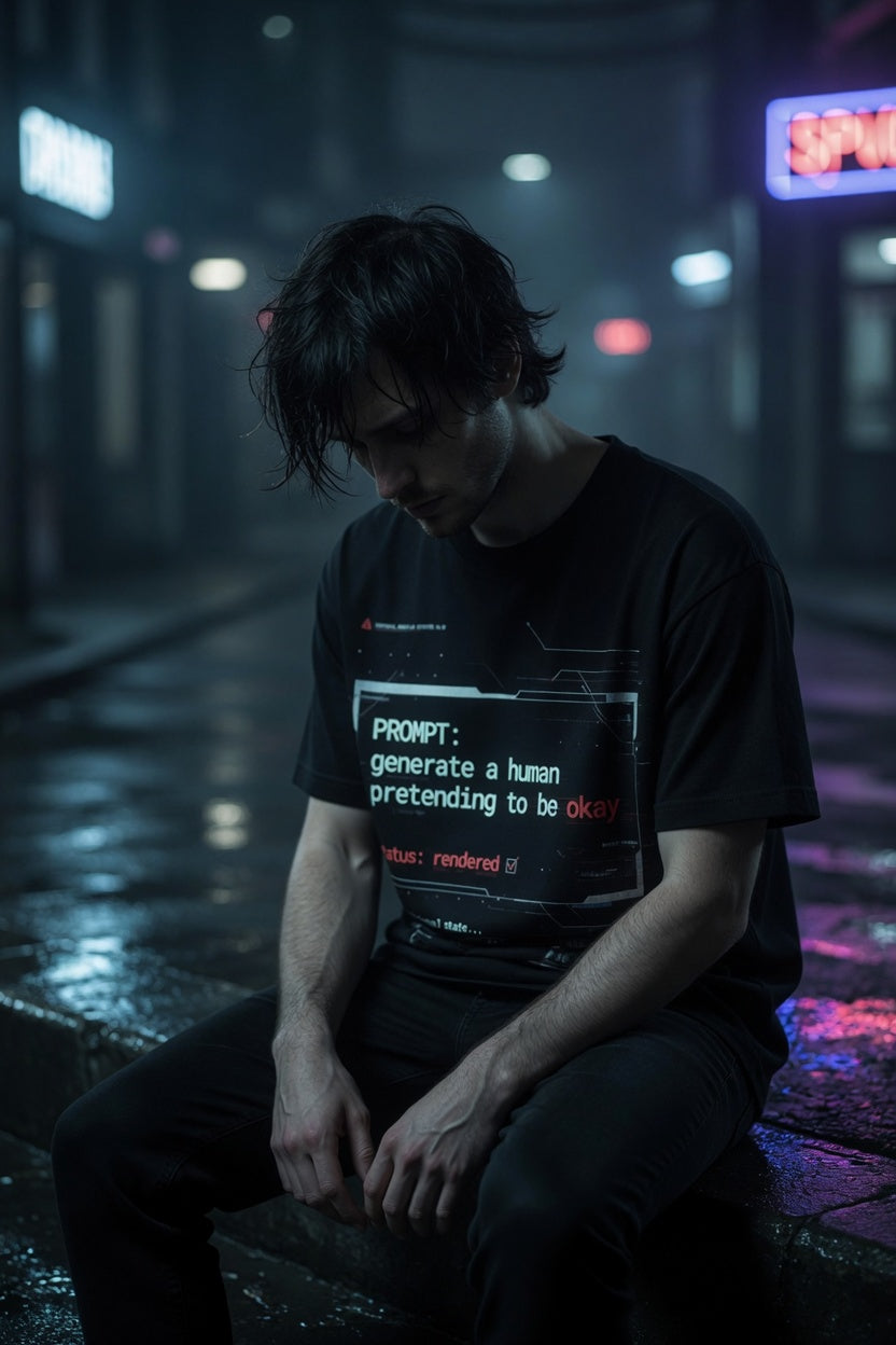 PromptingReality.exe — “Pretending To Be Okay” Black Graphic T-Shirt